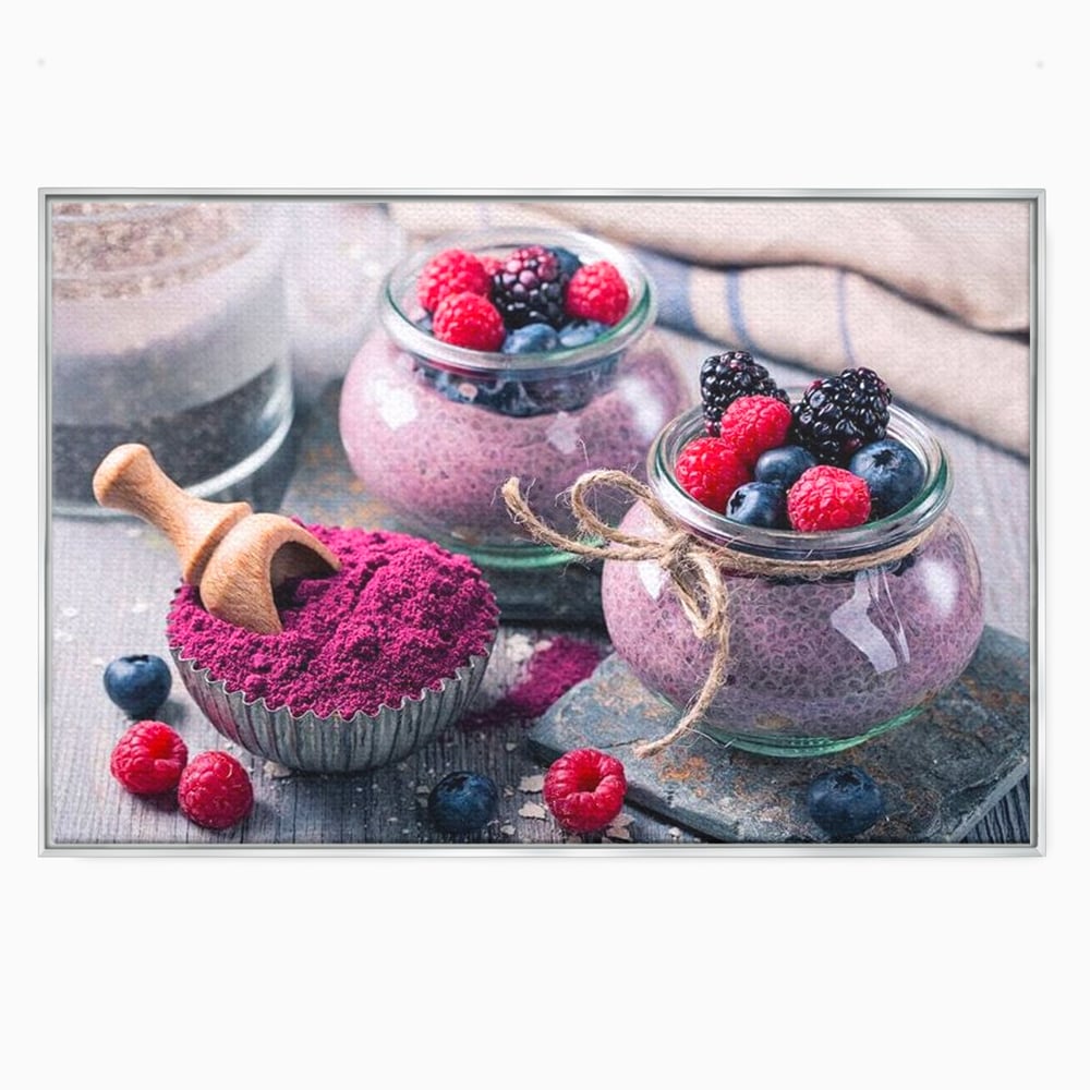 Premium-Leinwandbilder, LuxCanva® N1066, Beerengenuss, Dessert, Früchte, Samen, Chia, Himbeere, Heidelbeere, Brombeere, süß, gesund, natürlich, Restaurant, Küche