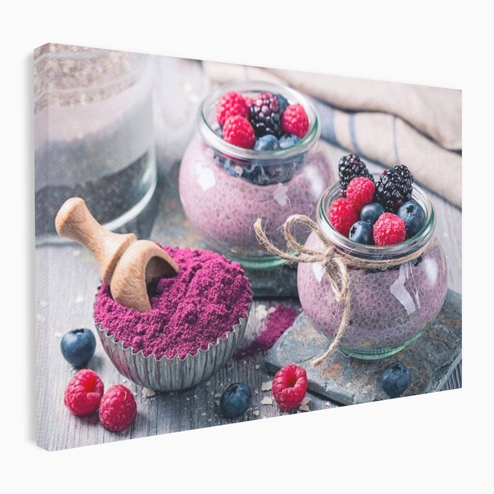 Premium-Leinwandbilder, LuxCanva® N1066, Beerengenuss, Dessert, Früchte, Samen, Chia, Himbeere, Heidelbeere, Brombeere, süß, gesund, natürlich, Restaurant, Küche