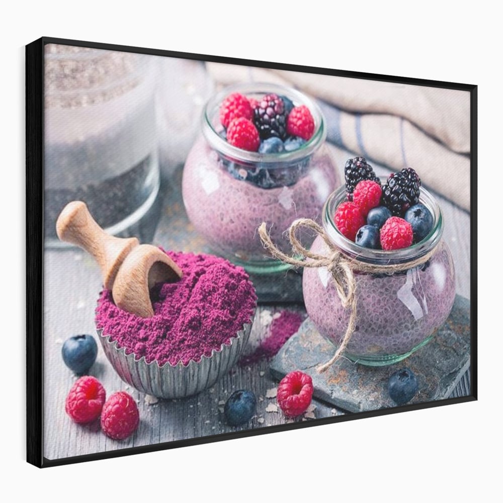 Premium-Leinwandbilder, LuxCanva® N1066, Beerengenuss, Dessert, Früchte, Samen, Chia, Himbeere, Heidelbeere, Brombeere, süß, gesund, natürlich, Restaurant, Küche