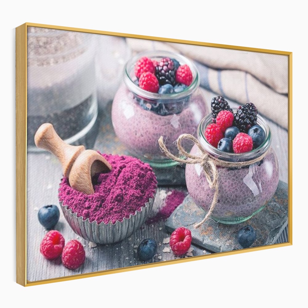 Premium-Leinwandbilder, LuxCanva® N1066, Beerengenuss, Dessert, Früchte, Samen, Chia, Himbeere, Heidelbeere, Brombeere, süß, gesund, natürlich, Restaurant, Küche