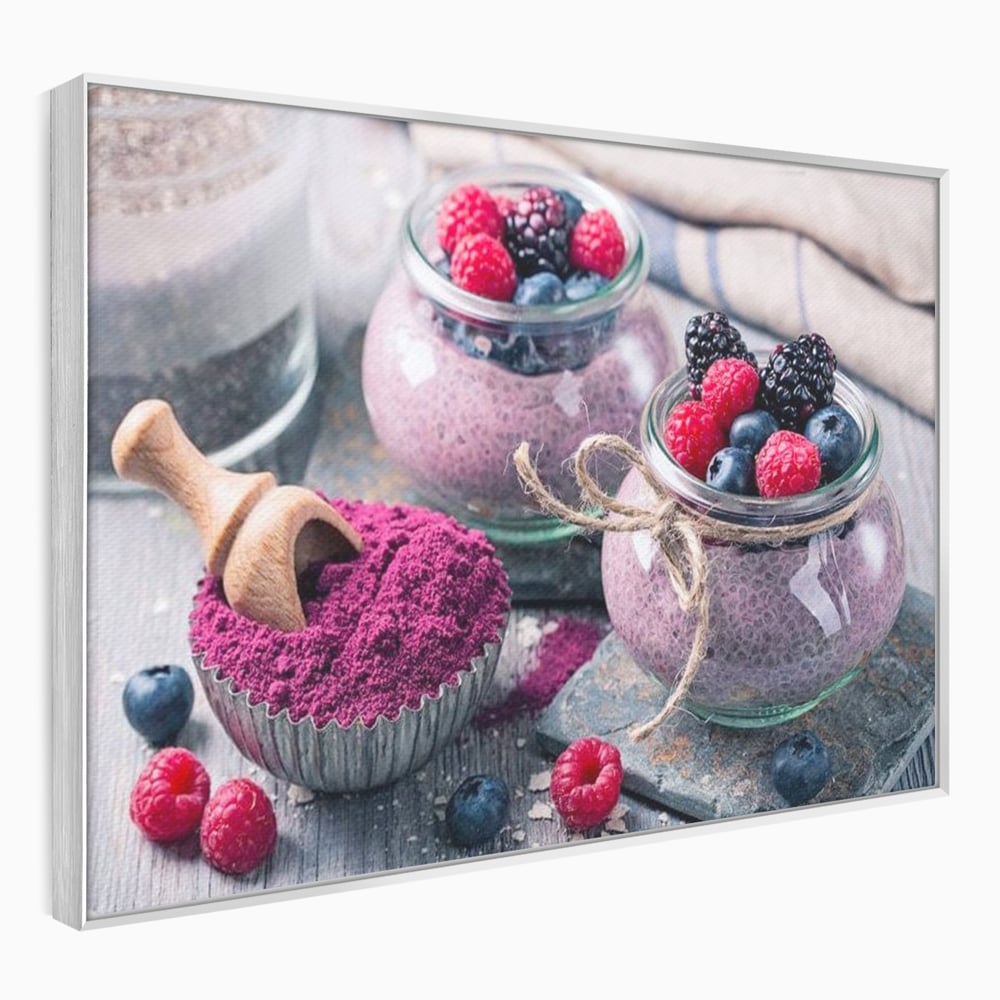 Premium-Leinwandbilder, LuxCanva® N1066, Beerengenuss, Dessert, Früchte, Samen, Chia, Himbeere, Heidelbeere, Brombeere, süß, gesund, natürlich, Restaurant, Küche