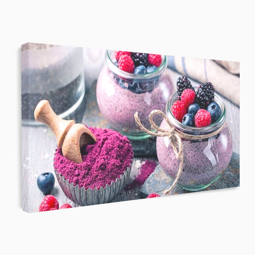 Premium-Leinwandbilder, LuxCanva® N1066, Beerengenuss, Dessert, Früchte, Samen, Chia, Himbeere, Heidelbeere, Brombeere, süß, gesund, natürlich, Restaurant, Küche