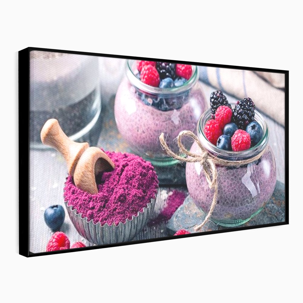Premium-Leinwandbilder, LuxCanva® N1066, Beerengenuss, Dessert, Früchte, Samen, Chia, Himbeere, Heidelbeere, Brombeere, süß, gesund, natürlich, Restaurant, Küche