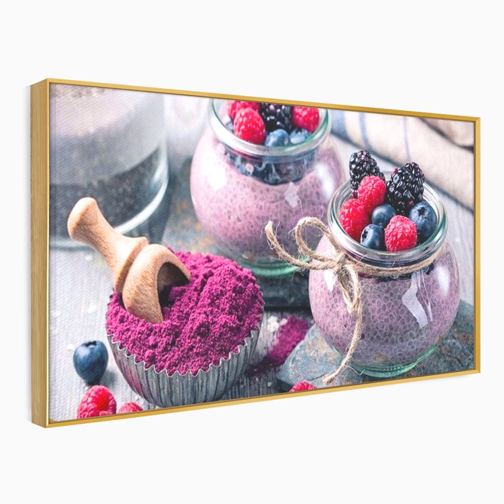 Premium-Leinwandbilder, LuxCanva® N1066, Beerengenuss, Dessert, Früchte, Samen, Chia, Himbeere, Heidelbeere, Brombeere, süß, gesund, natürlich, Restaurant, Küche