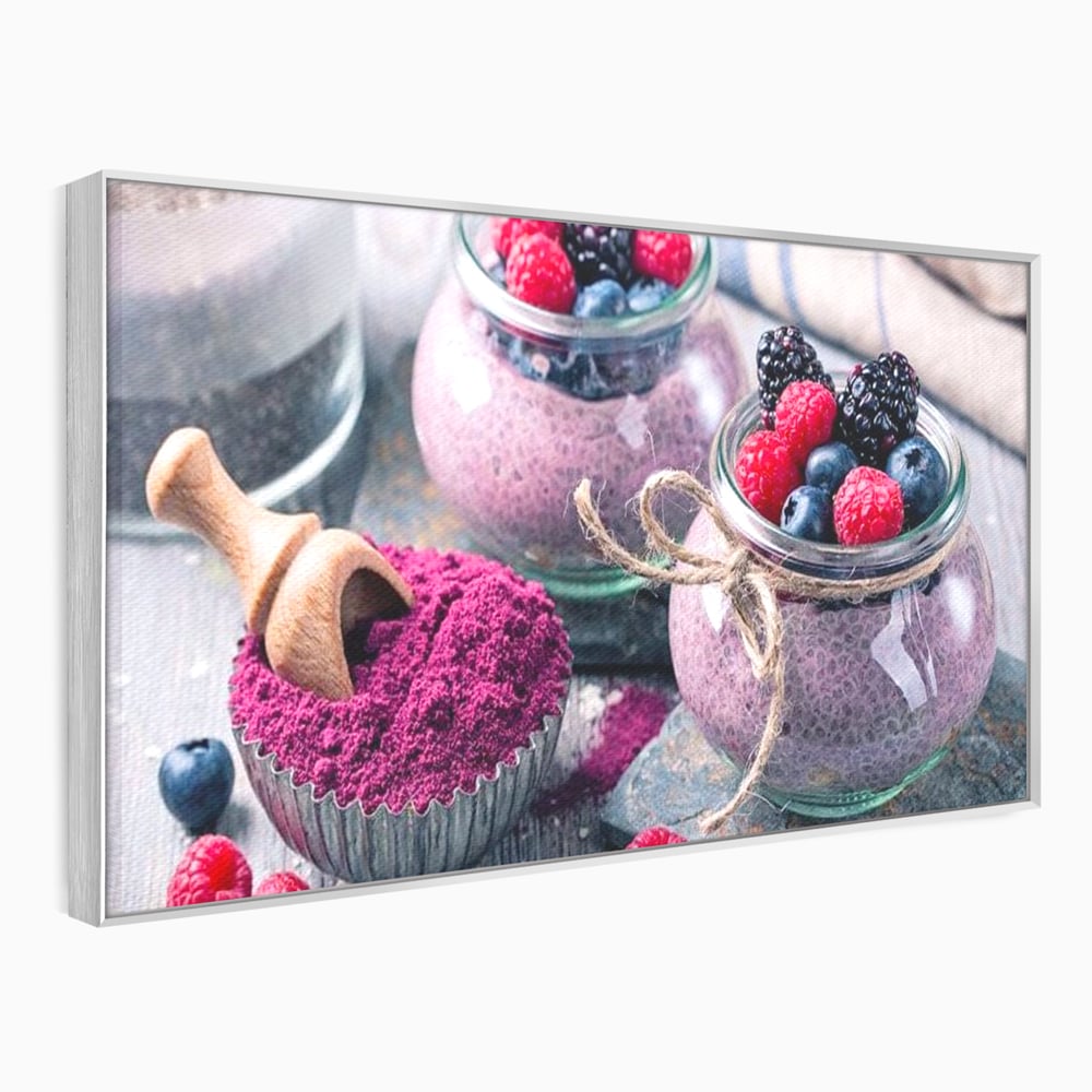Premium-Leinwandbilder, LuxCanva® N1066, Beerengenuss, Dessert, Früchte, Samen, Chia, Himbeere, Heidelbeere, Brombeere, süß, gesund, natürlich, Restaurant, Küche