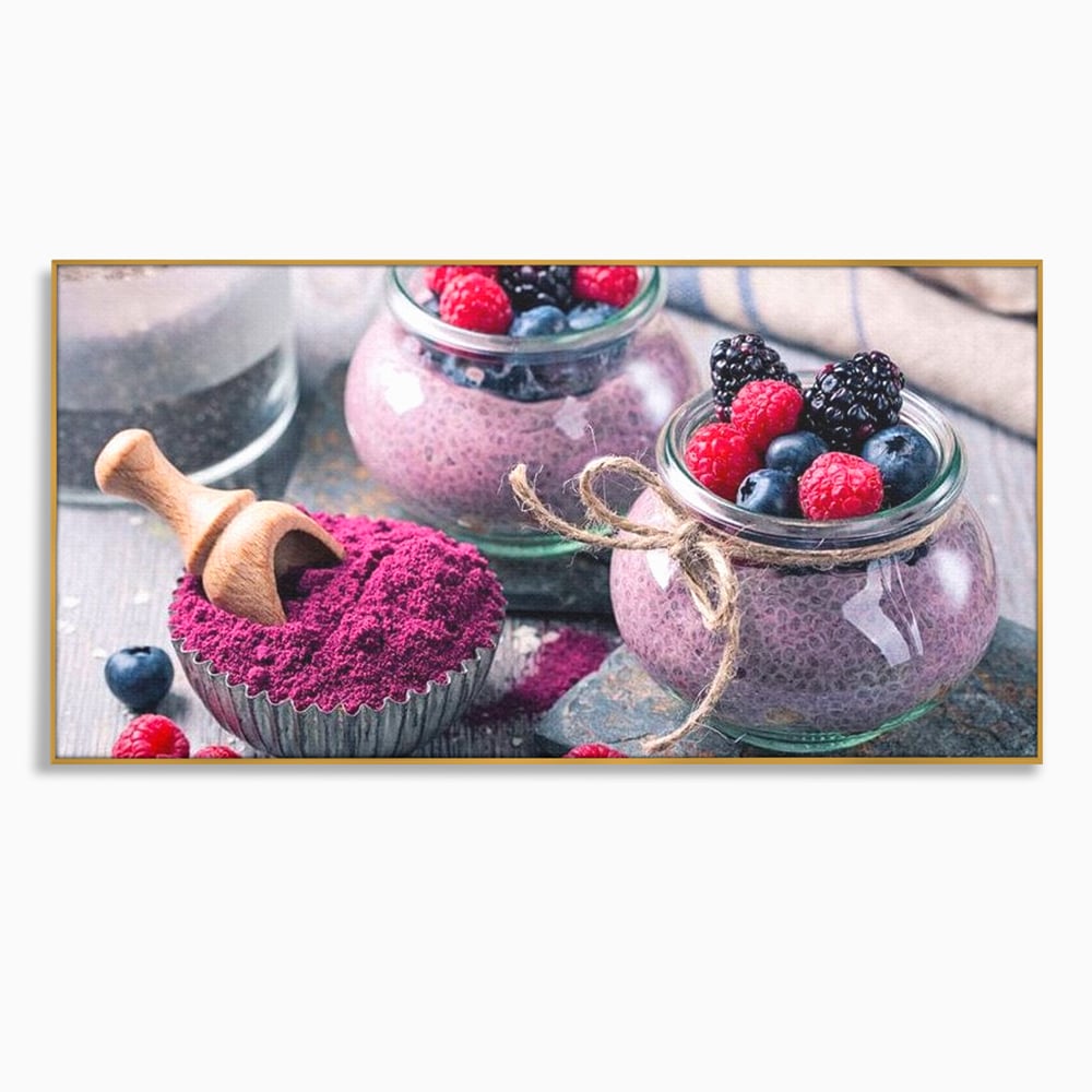 Premium-Leinwandbilder, LuxCanva® N1066, Beerengenuss, Dessert, Früchte, Samen, Chia, Himbeere, Heidelbeere, Brombeere, süß, gesund, natürlich, Restaurant, Küche
