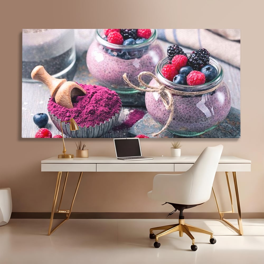 Premium-Leinwandbilder, LuxCanva® N1066, Beerengenuss, Dessert, Früchte, Samen, Chia, Himbeere, Heidelbeere, Brombeere, süß, gesund, natürlich, Restaurant, Küche