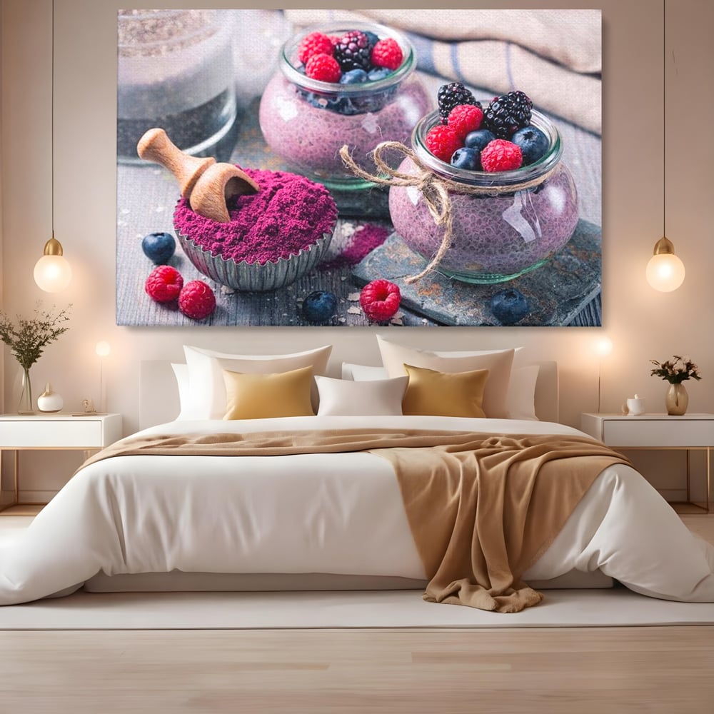 Premium-Leinwandbilder, LuxCanva® N1066, Beerengenuss, Dessert, Früchte, Samen, Chia, Himbeere, Heidelbeere, Brombeere, süß, gesund, natürlich, Restaurant, Küche