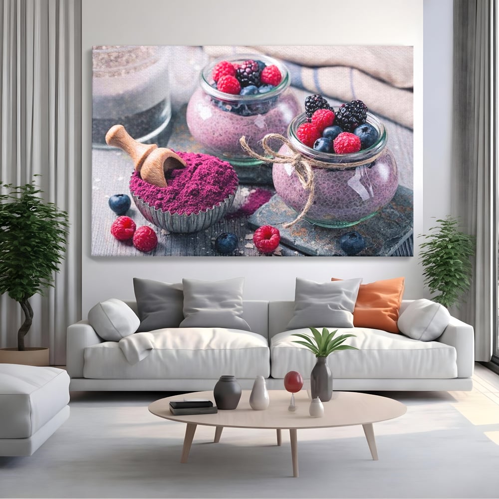 Premium-Leinwandbilder, LuxCanva® N1066, Beerengenuss, Dessert, Früchte, Samen, Chia, Himbeere, Heidelbeere, Brombeere, süß, gesund, natürlich, Restaurant, Küche