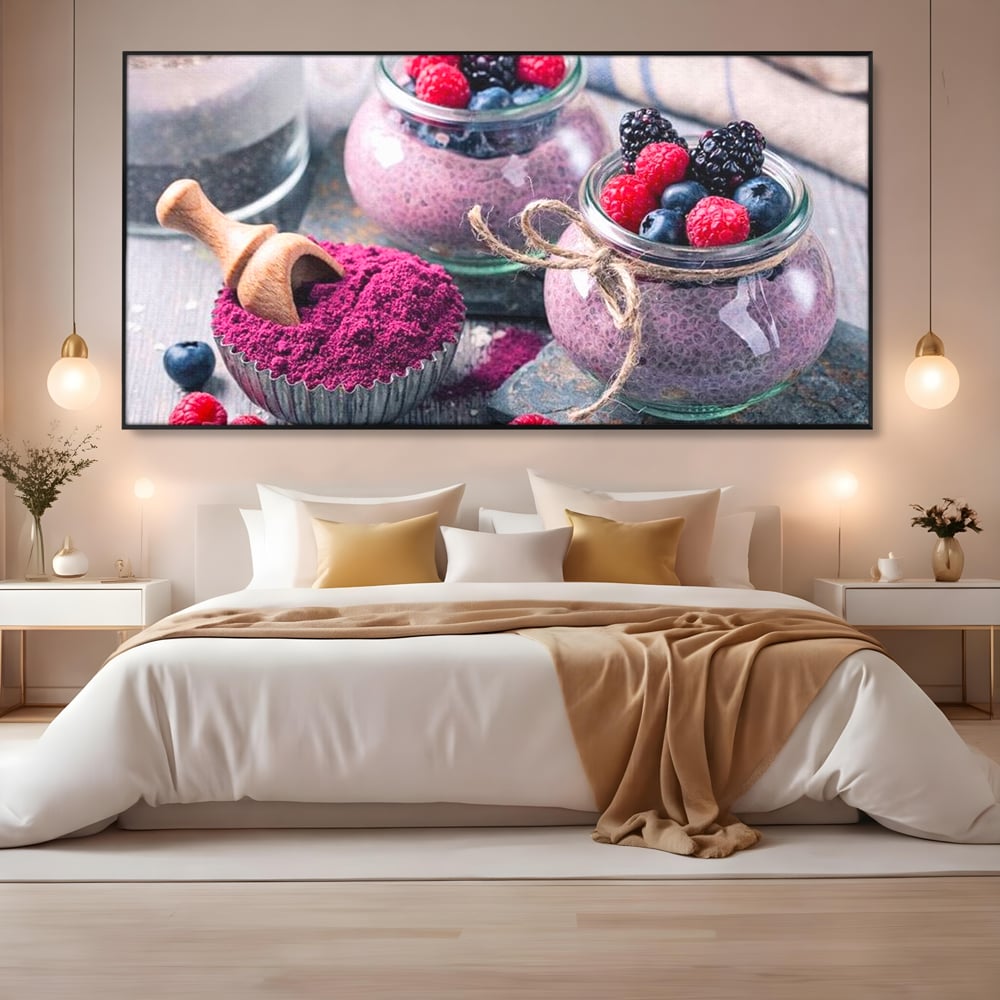 Premium-Leinwandbilder, LuxCanva® N1066, Beerengenuss, Dessert, Früchte, Samen, Chia, Himbeere, Heidelbeere, Brombeere, süß, gesund, natürlich, Restaurant, Küche