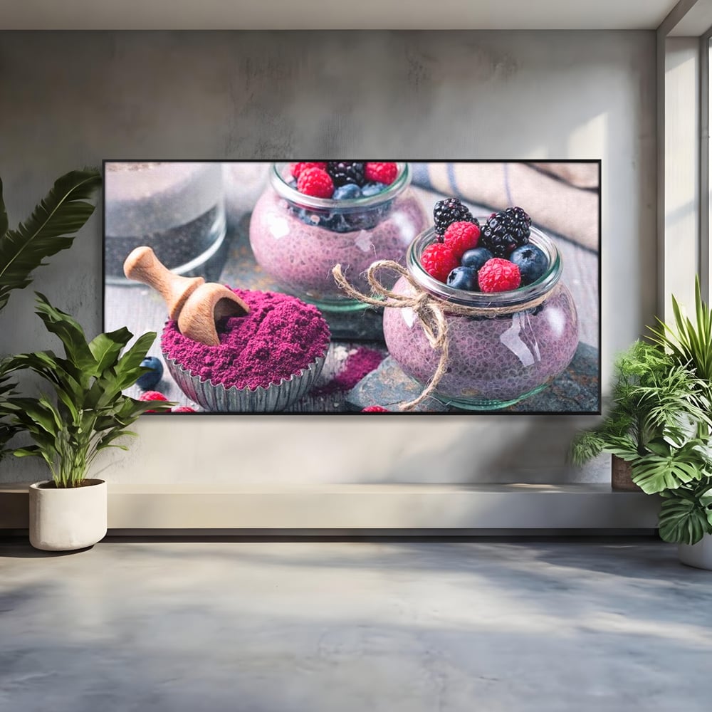 Premium-Leinwandbilder, LuxCanva® N1066, Beerengenuss, Dessert, Früchte, Samen, Chia, Himbeere, Heidelbeere, Brombeere, süß, gesund, natürlich, Restaurant, Küche