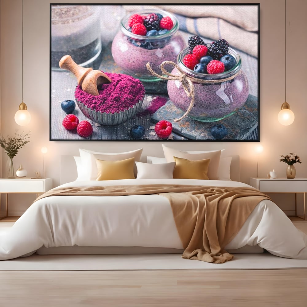 Premium-Leinwandbilder, LuxCanva® N1066, Beerengenuss, Dessert, Früchte, Samen, Chia, Himbeere, Heidelbeere, Brombeere, süß, gesund, natürlich, Restaurant, Küche