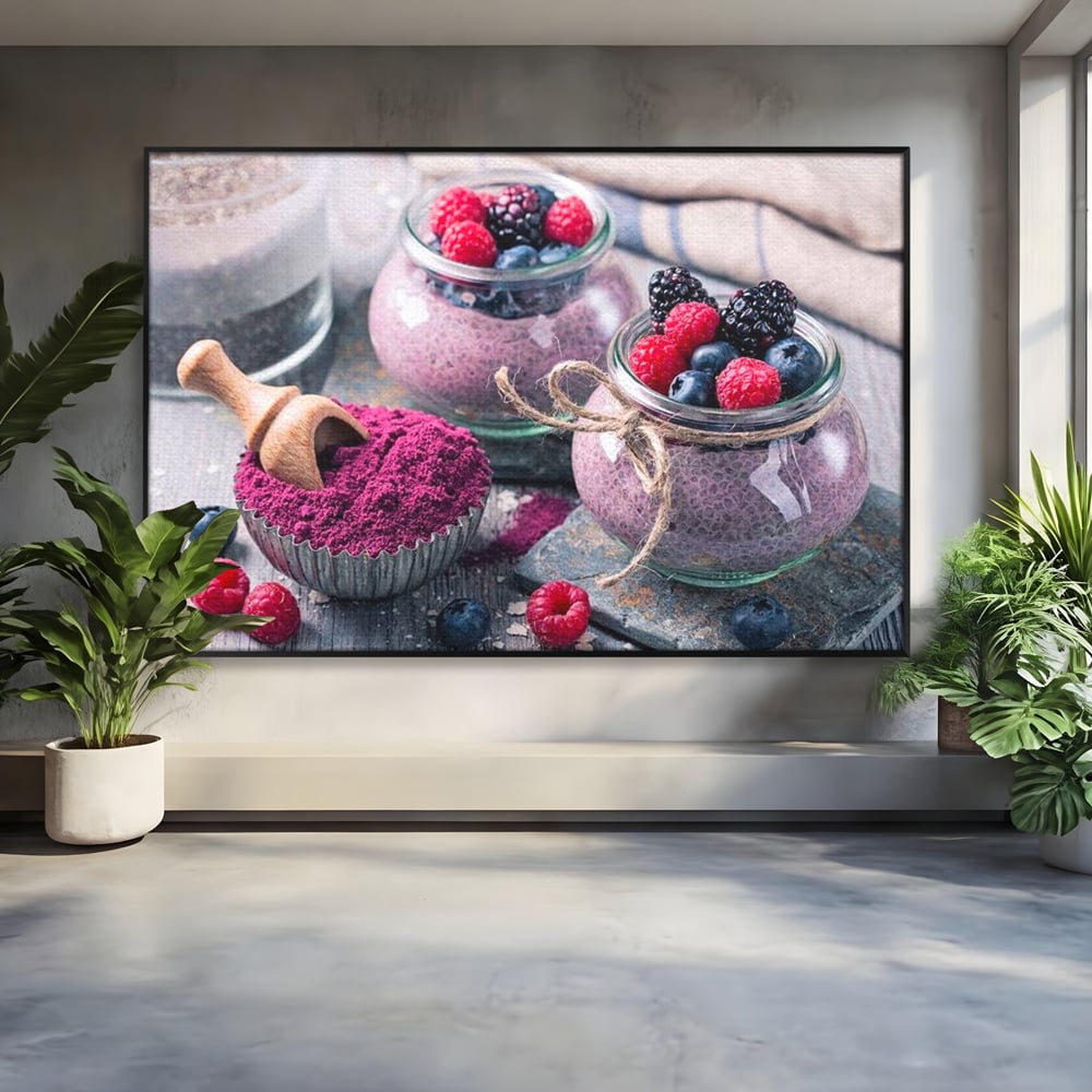 Premium-Leinwandbilder, LuxCanva® N1066, Beerengenuss, Dessert, Früchte, Samen, Chia, Himbeere, Heidelbeere, Brombeere, süß, gesund, natürlich, Restaurant, Küche