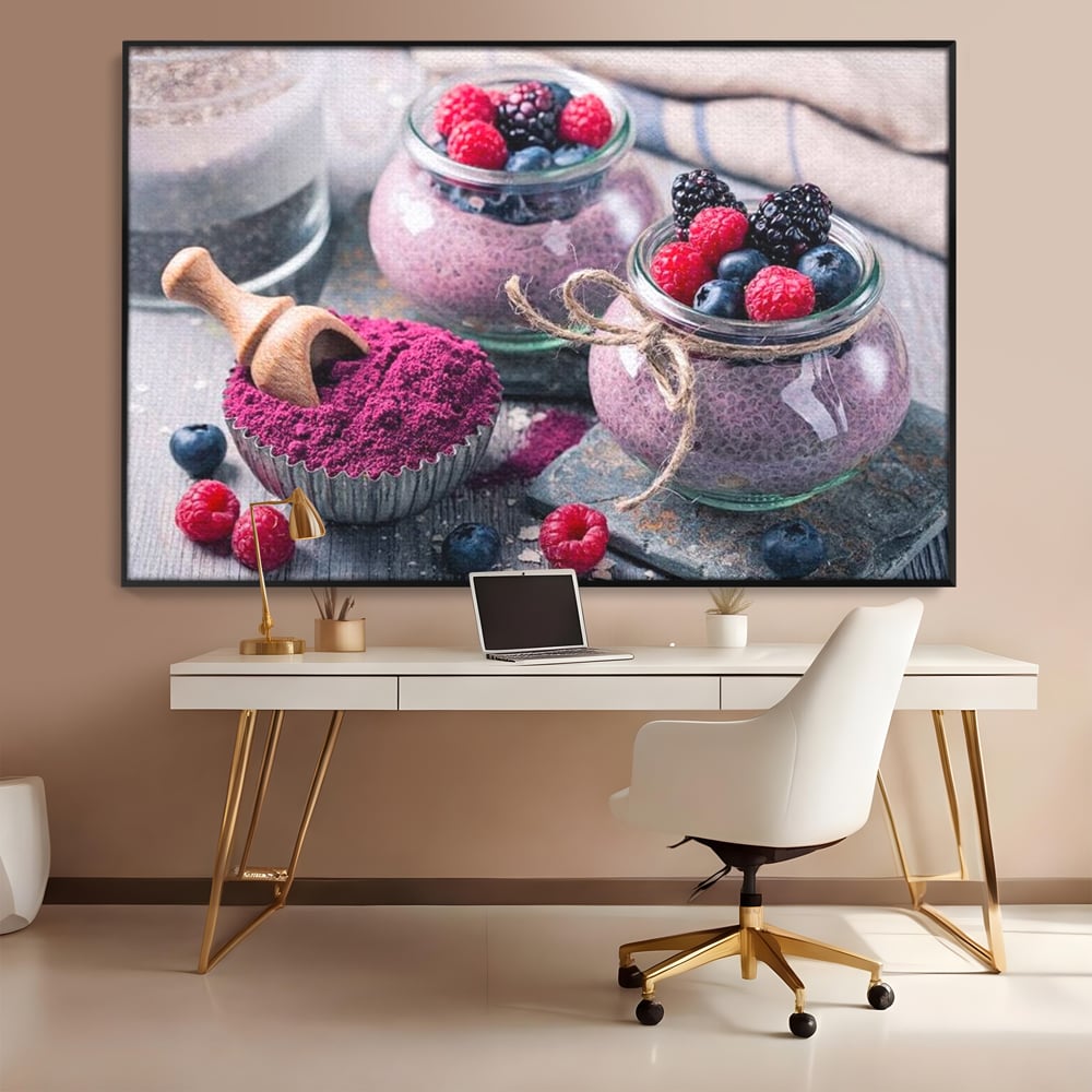 Premium-Leinwandbilder, LuxCanva® N1066, Beerengenuss, Dessert, Früchte, Samen, Chia, Himbeere, Heidelbeere, Brombeere, süß, gesund, natürlich, Restaurant, Küche