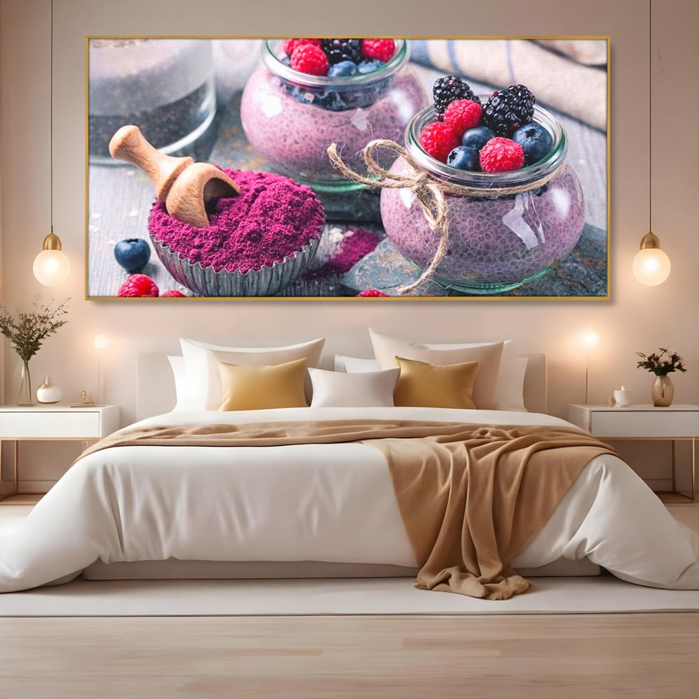 Premium-Leinwandbilder, LuxCanva® N1066, Beerengenuss, Dessert, Früchte, Samen, Chia, Himbeere, Heidelbeere, Brombeere, süß, gesund, natürlich, Restaurant, Küche