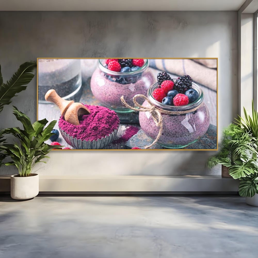 Premium-Leinwandbilder, LuxCanva® N1066, Beerengenuss, Dessert, Früchte, Samen, Chia, Himbeere, Heidelbeere, Brombeere, süß, gesund, natürlich, Restaurant, Küche