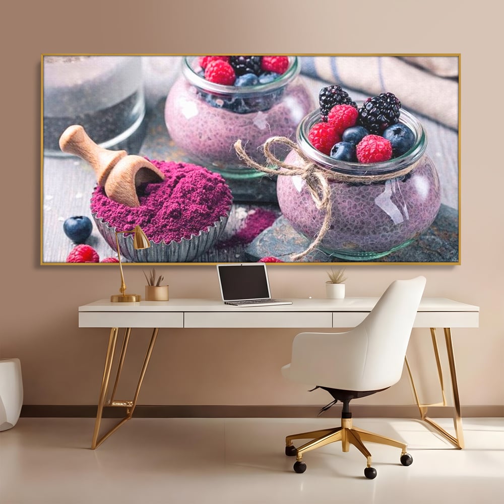 Premium-Leinwandbilder, LuxCanva® N1066, Beerengenuss, Dessert, Früchte, Samen, Chia, Himbeere, Heidelbeere, Brombeere, süß, gesund, natürlich, Restaurant, Küche