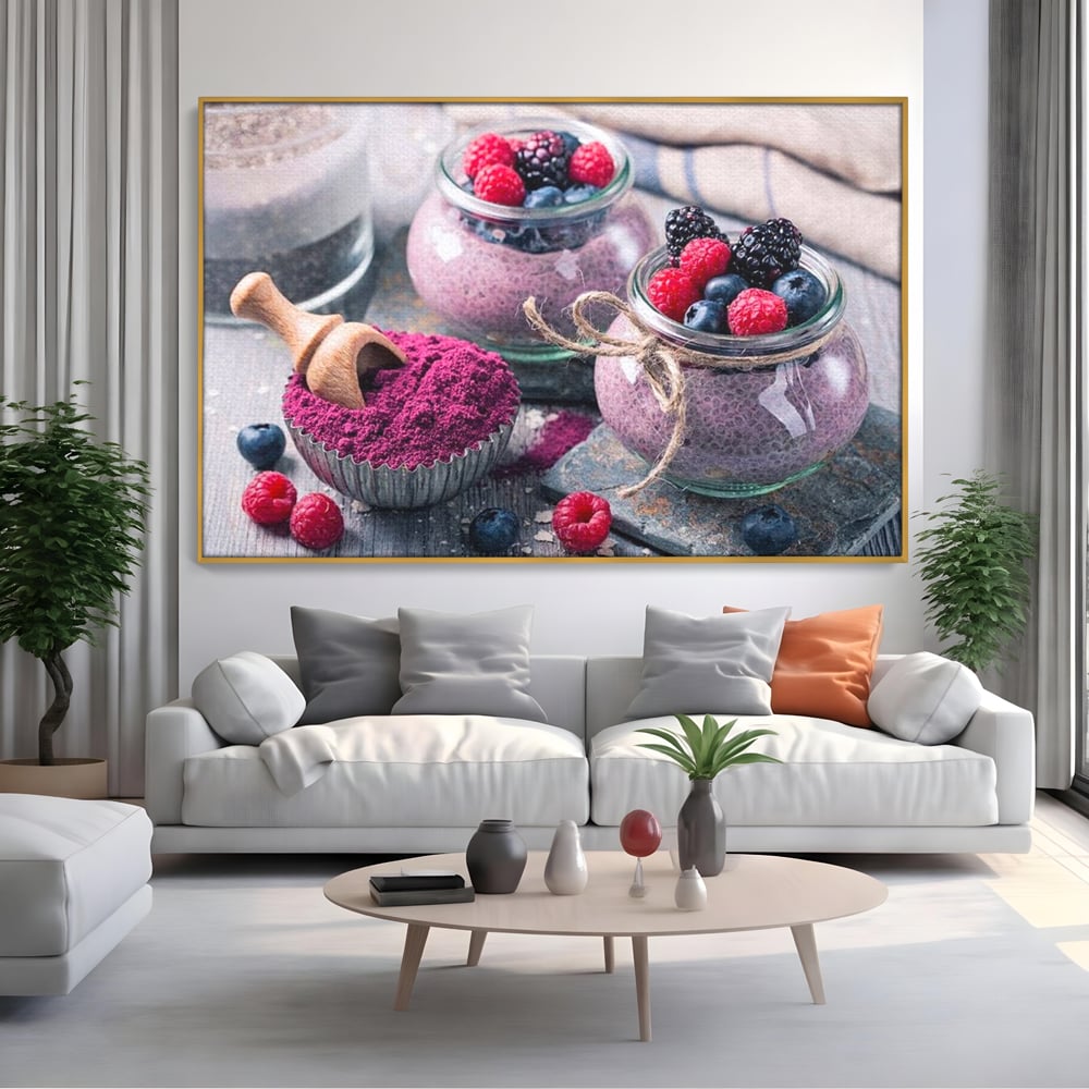 Premium-Leinwandbilder, LuxCanva® N1066, Beerengenuss, Dessert, Früchte, Samen, Chia, Himbeere, Heidelbeere, Brombeere, süß, gesund, natürlich, Restaurant, Küche