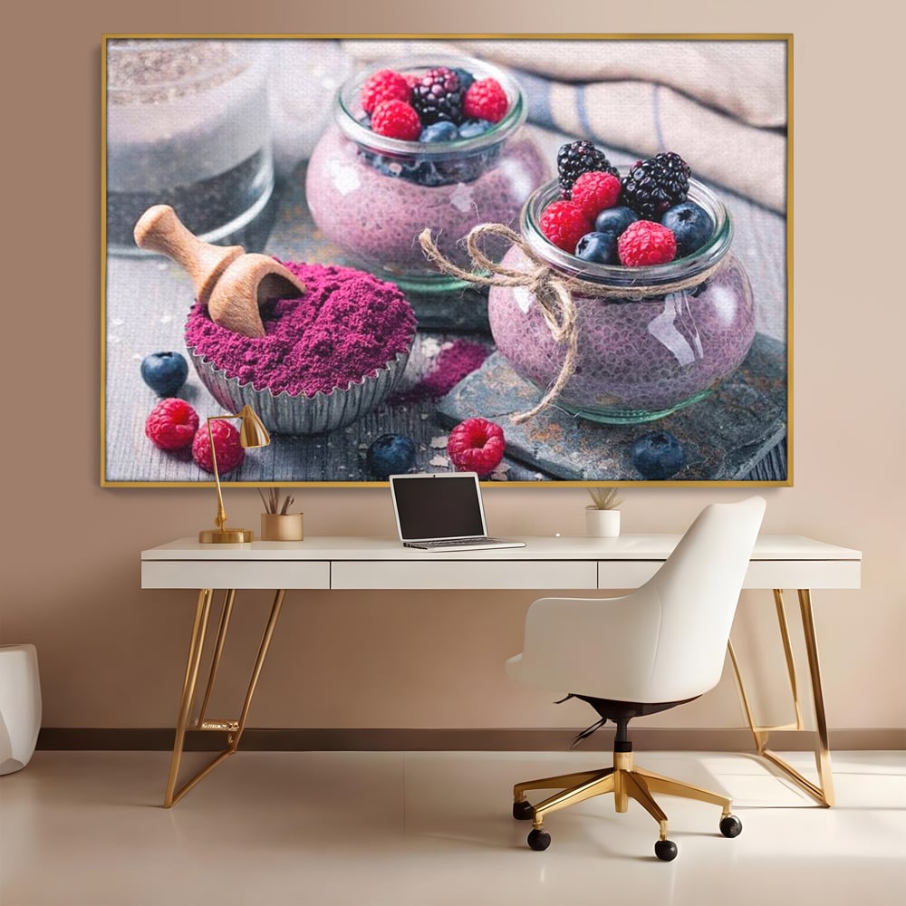 Premium-Leinwandbilder, LuxCanva® N1066, Beerengenuss, Dessert, Früchte, Samen, Chia, Himbeere, Heidelbeere, Brombeere, süß, gesund, natürlich, Restaurant, Küche