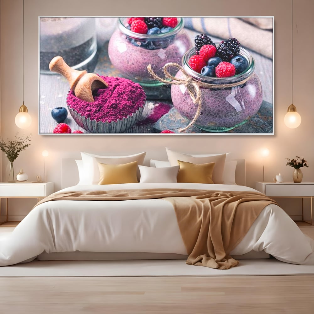 Premium-Leinwandbilder, LuxCanva® N1066, Beerengenuss, Dessert, Früchte, Samen, Chia, Himbeere, Heidelbeere, Brombeere, süß, gesund, natürlich, Restaurant, Küche