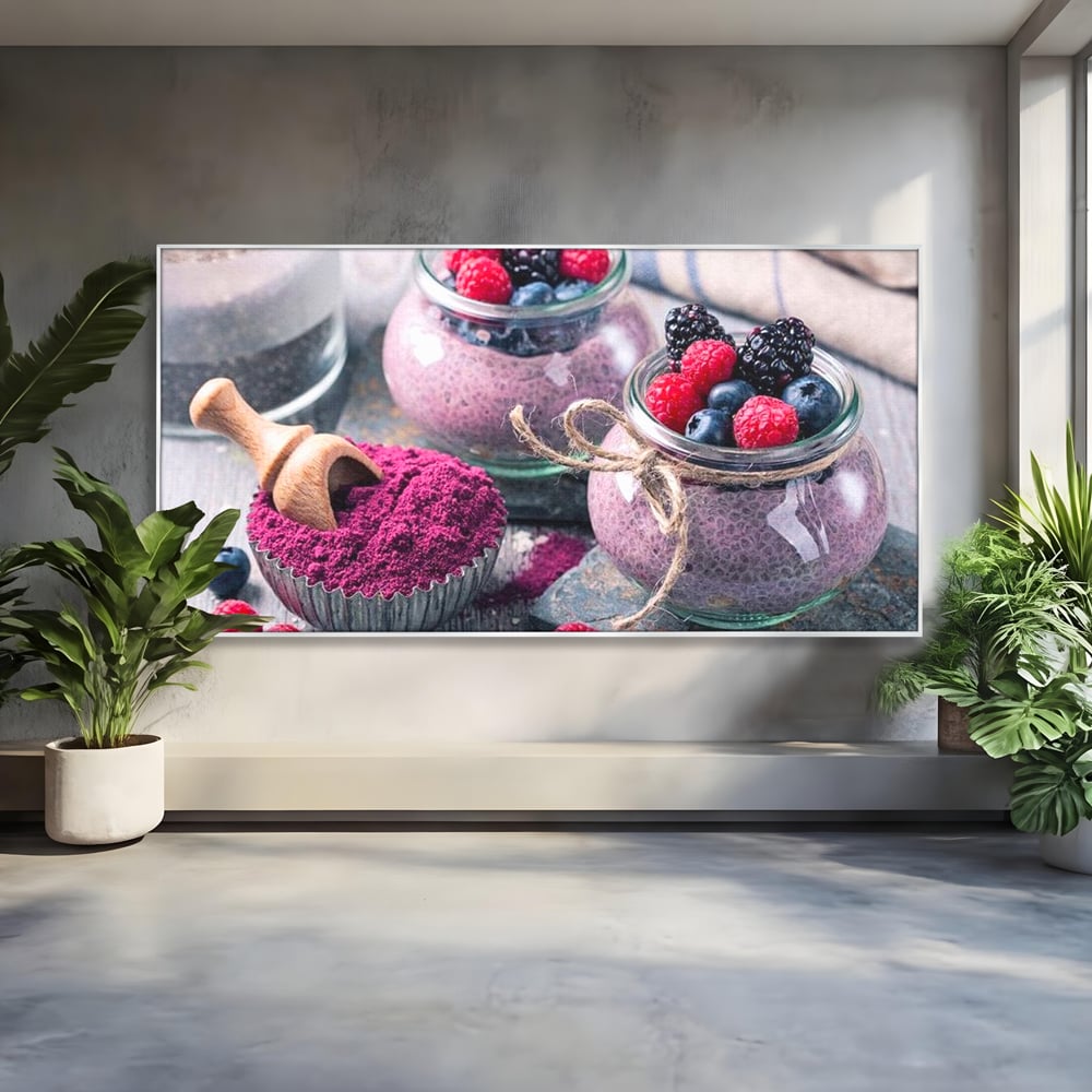 Premium-Leinwandbilder, LuxCanva® N1066, Beerengenuss, Dessert, Früchte, Samen, Chia, Himbeere, Heidelbeere, Brombeere, süß, gesund, natürlich, Restaurant, Küche