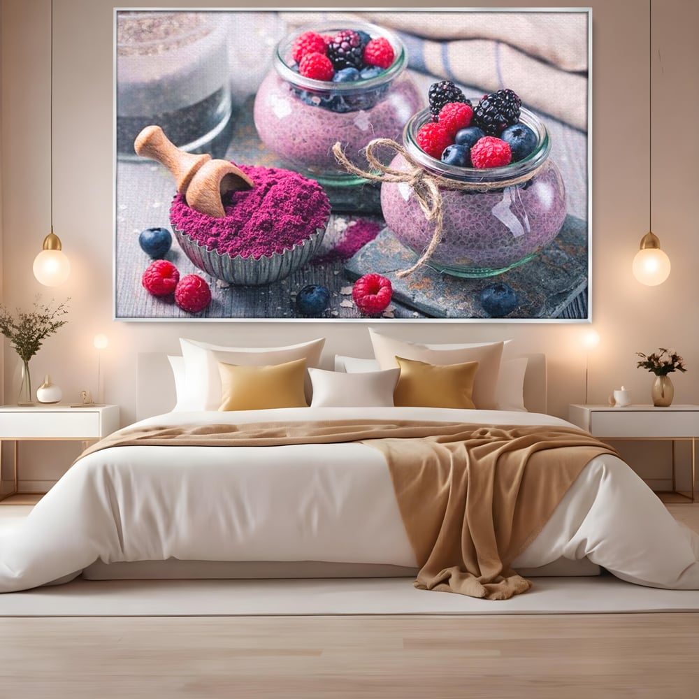 Premium-Leinwandbilder, LuxCanva® N1066, Beerengenuss, Dessert, Früchte, Samen, Chia, Himbeere, Heidelbeere, Brombeere, süß, gesund, natürlich, Restaurant, Küche