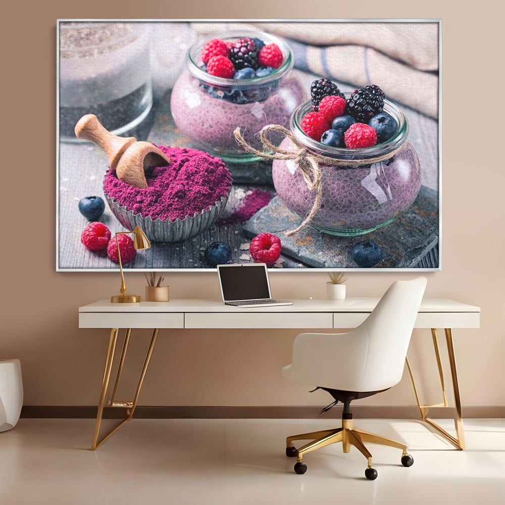 Premium-Leinwandbilder, LuxCanva® N1066, Beerengenuss, Dessert, Früchte, Samen, Chia, Himbeere, Heidelbeere, Brombeere, süß, gesund, natürlich, Restaurant, Küche