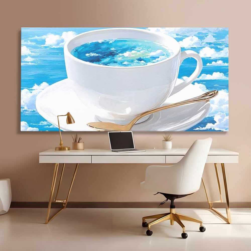 Tablou Canvas Premium, LuxCanva® N1067, Cafea printre Nori, Ceasca, Espresso, Nori, Cer Senin, Dimineata, Relaxare, Paradis, Cafenea, Pub, Lounge, Bar, Restaurant, Bucatarie