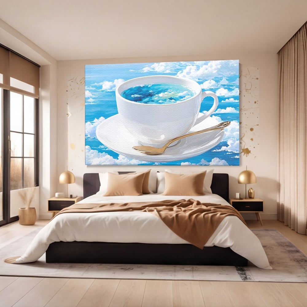 Tablou Canvas Premium, LuxCanva® N1067, Cafea printre Nori, Ceasca, Espresso, Nori, Cer Senin, Dimineata, Relaxare, Paradis, Cafenea, Pub, Lounge, Bar, Restaurant, Bucatarie