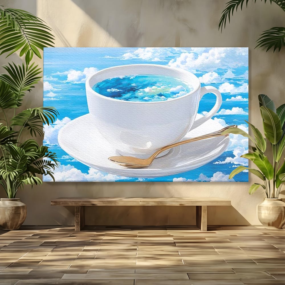 Tablou Canvas Premium, LuxCanva® N1067, Cafea printre Nori, Ceasca, Espresso, Nori, Cer Senin, Dimineata, Relaxare, Paradis, Cafenea, Pub, Lounge, Bar, Restaurant, Bucatarie