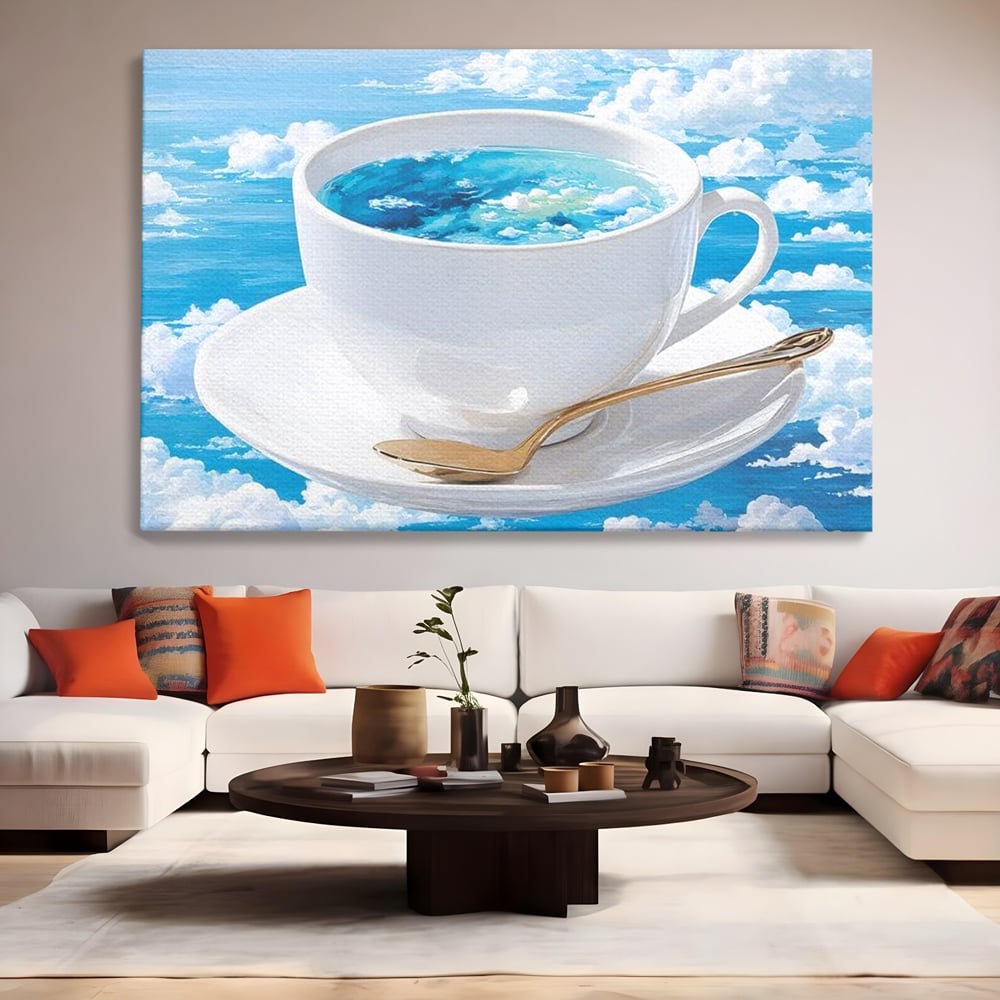 Tablou Canvas Premium, LuxCanva® N1067, Cafea printre Nori, Ceasca, Espresso, Nori, Cer Senin, Dimineata, Relaxare, Paradis, Cafenea, Pub, Lounge, Bar, Restaurant, Bucatarie