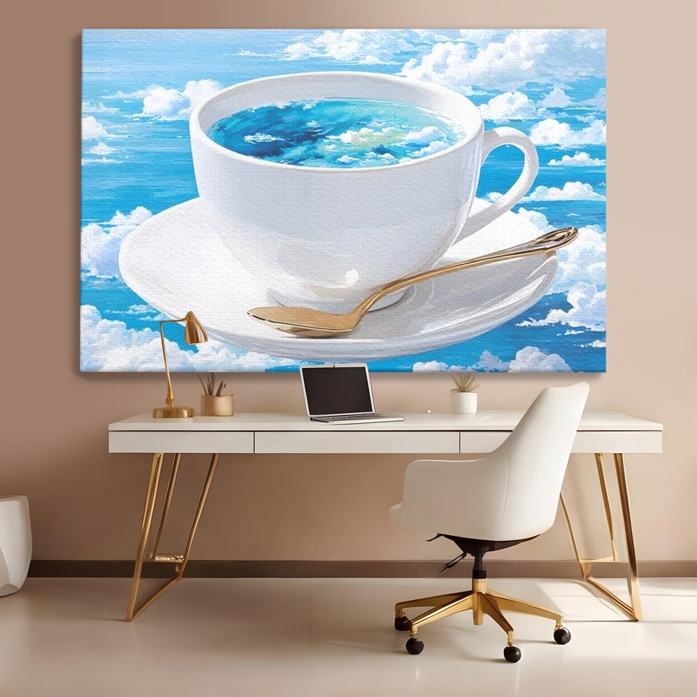 Tablou Canvas Premium, LuxCanva® N1067, Cafea printre Nori, Ceasca, Espresso, Nori, Cer Senin, Dimineata, Relaxare, Paradis, Cafenea, Pub, Lounge, Bar, Restaurant, Bucatarie