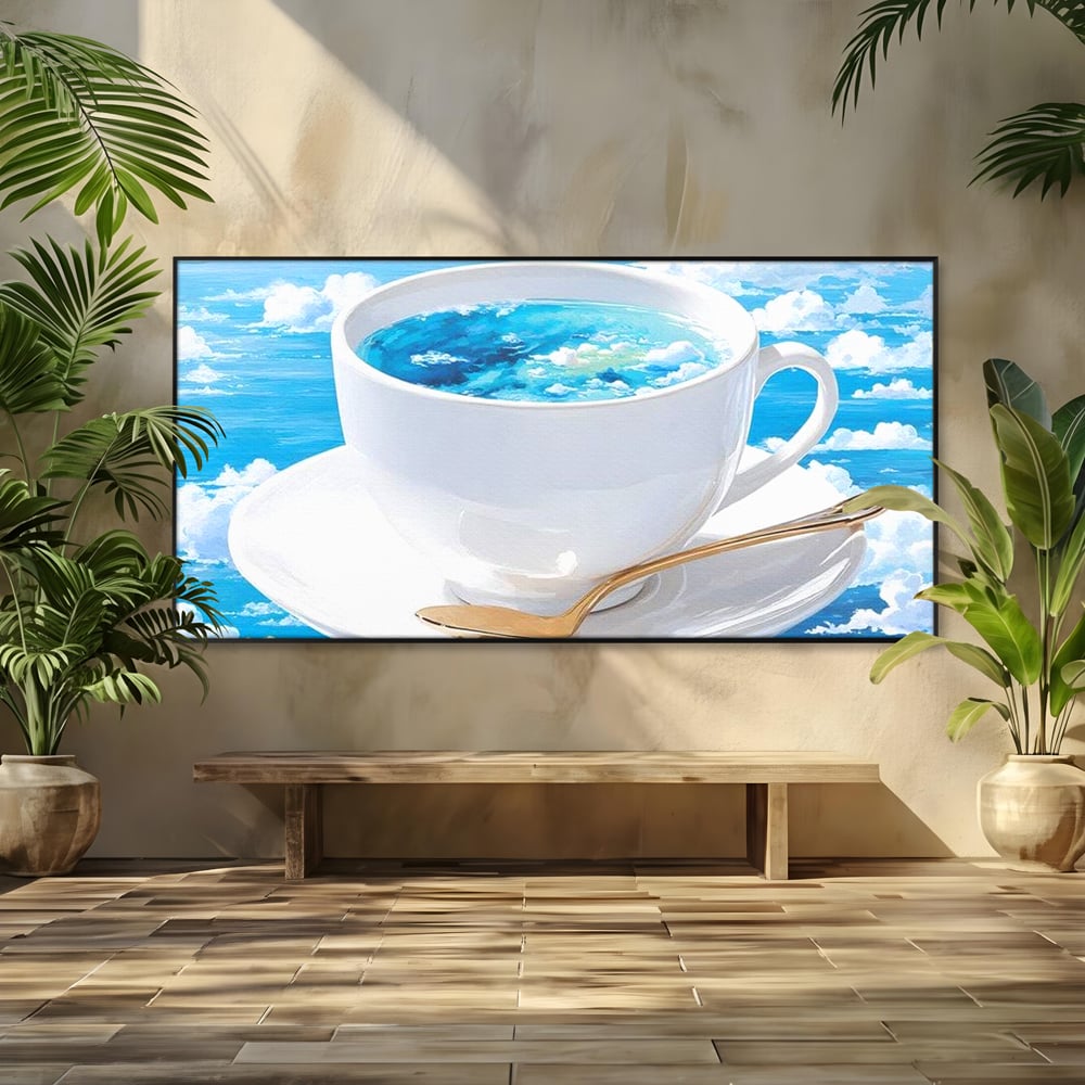 Tablou Canvas Premium, LuxCanva® N1067, Cafea printre Nori, Ceasca, Espresso, Nori, Cer Senin, Dimineata, Relaxare, Paradis, Cafenea, Pub, Lounge, Bar, Restaurant, Bucatarie
