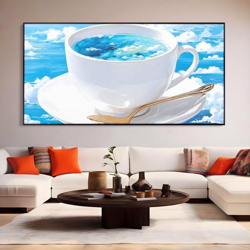 Tablou Canvas Premium, LuxCanva® N1067, Cafea printre Nori, Ceasca, Espresso, Nori, Cer Senin, Dimineata, Relaxare, Paradis, Cafenea, Pub, Lounge, Bar, Restaurant, Bucatarie