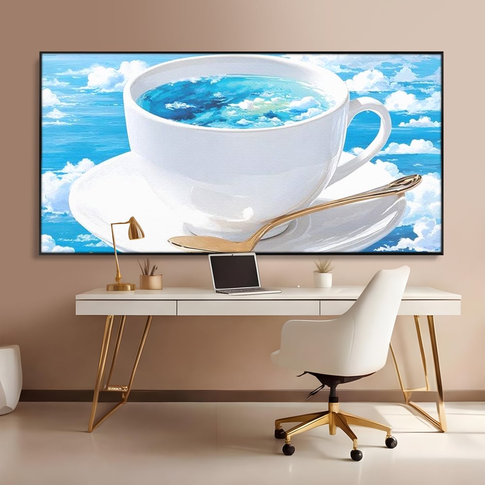 Tablou Canvas Premium, LuxCanva® N1067, Cafea printre Nori, Ceasca, Espresso, Nori, Cer Senin, Dimineata, Relaxare, Paradis, Cafenea, Pub, Lounge, Bar, Restaurant, Bucatarie