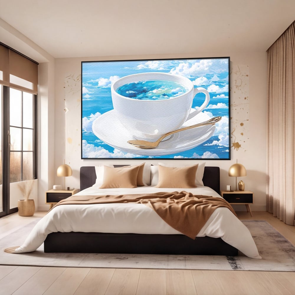 Tablou Canvas Premium, LuxCanva® N1067, Cafea printre Nori, Ceasca, Espresso, Nori, Cer Senin, Dimineata, Relaxare, Paradis, Cafenea, Pub, Lounge, Bar, Restaurant, Bucatarie