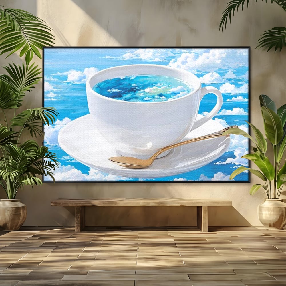 Tablou Canvas Premium, LuxCanva® N1067, Cafea printre Nori, Ceasca, Espresso, Nori, Cer Senin, Dimineata, Relaxare, Paradis, Cafenea, Pub, Lounge, Bar, Restaurant, Bucatarie