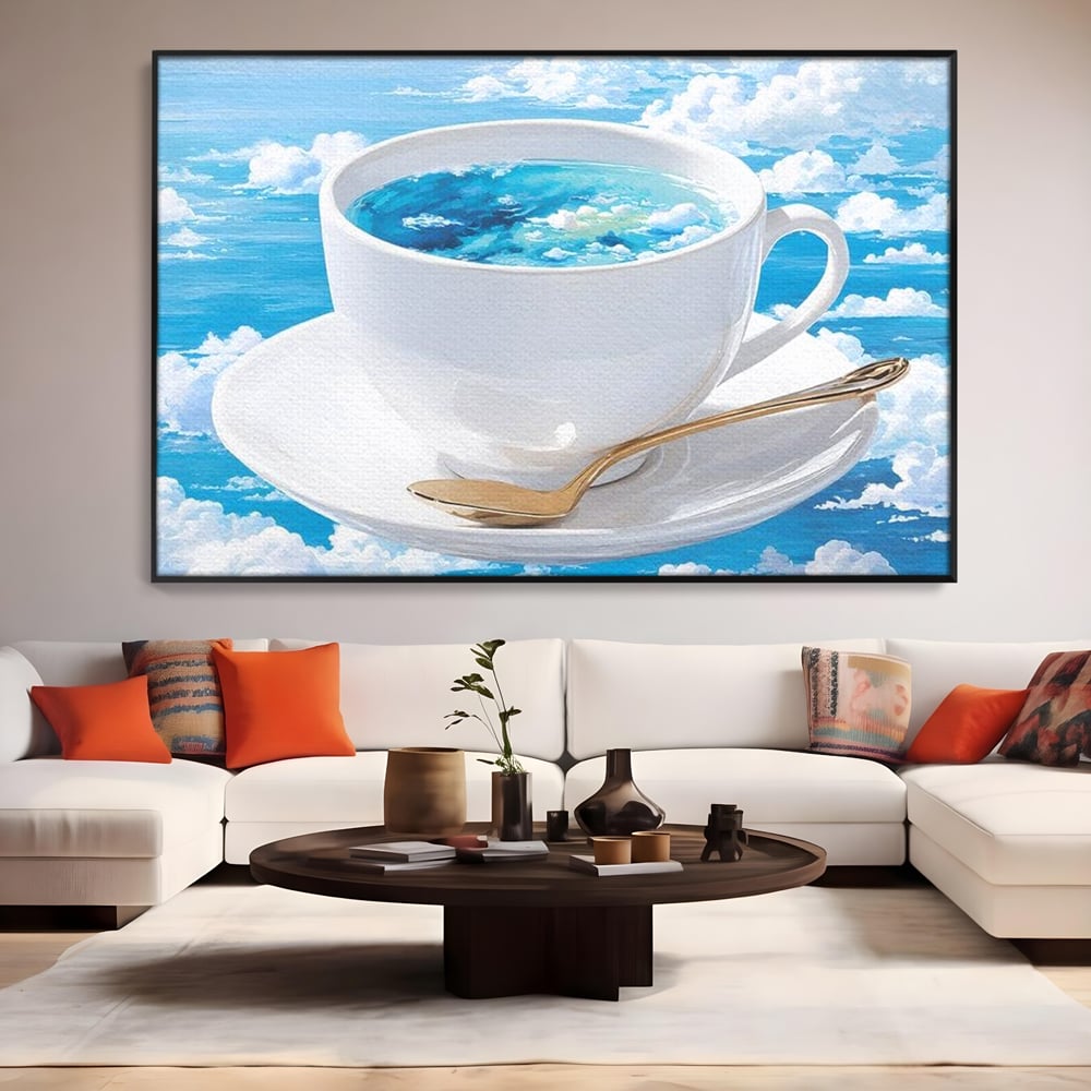 Tablou Canvas Premium, LuxCanva® N1067, Cafea printre Nori, Ceasca, Espresso, Nori, Cer Senin, Dimineata, Relaxare, Paradis, Cafenea, Pub, Lounge, Bar, Restaurant, Bucatarie