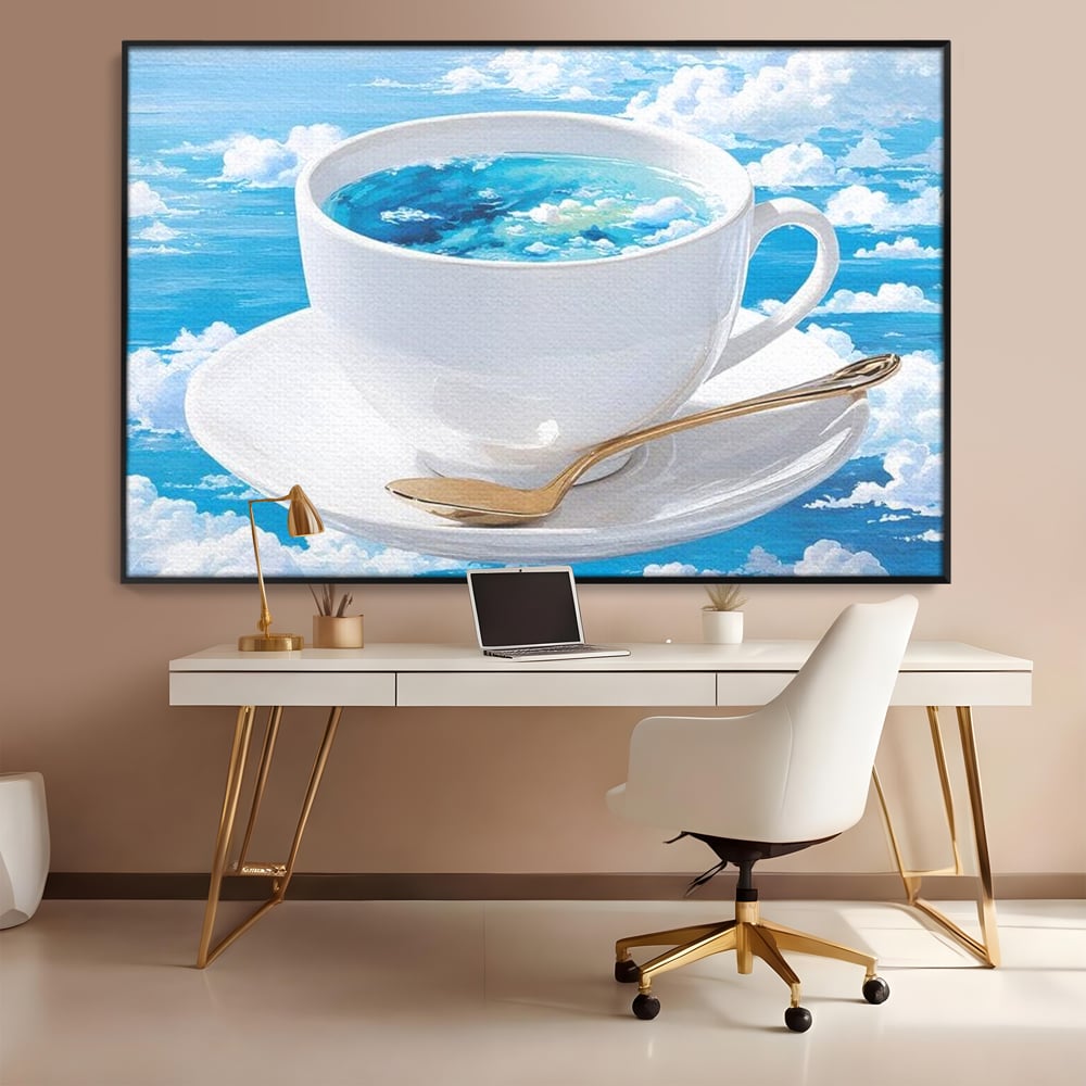 Tablou Canvas Premium, LuxCanva® N1067, Cafea printre Nori, Ceasca, Espresso, Nori, Cer Senin, Dimineata, Relaxare, Paradis, Cafenea, Pub, Lounge, Bar, Restaurant, Bucatarie
