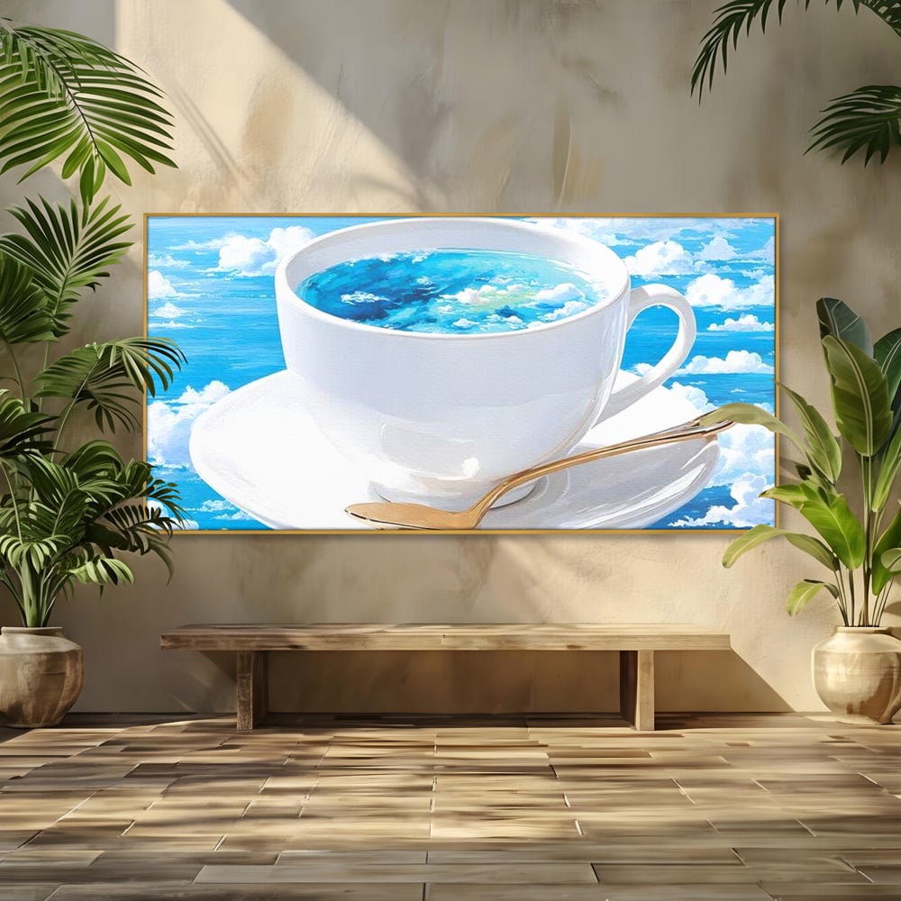 Tablou Canvas Premium, LuxCanva® N1067, Cafea printre Nori, Ceasca, Espresso, Nori, Cer Senin, Dimineata, Relaxare, Paradis, Cafenea, Pub, Lounge, Bar, Restaurant, Bucatarie