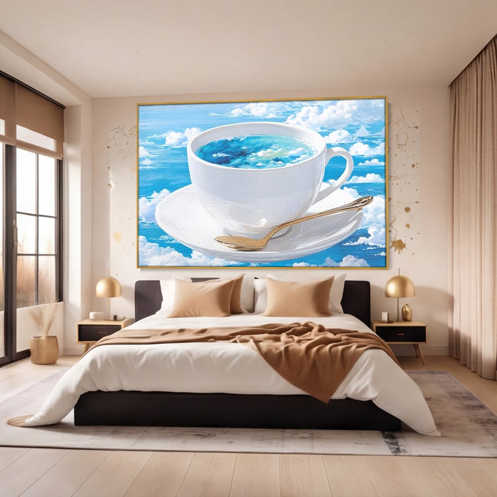 Tablou Canvas Premium, LuxCanva® N1067, Cafea printre Nori, Ceasca, Espresso, Nori, Cer Senin, Dimineata, Relaxare, Paradis, Cafenea, Pub, Lounge, Bar, Restaurant, Bucatarie