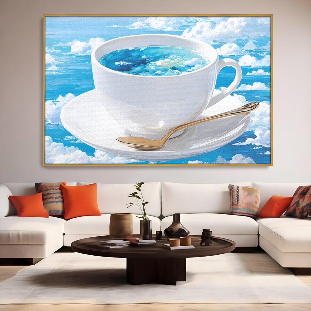 Tablou Canvas Premium, LuxCanva® N1067, Cafea printre Nori, Ceasca, Espresso, Nori, Cer Senin, Dimineata, Relaxare, Paradis, Cafenea, Pub, Lounge, Bar, Restaurant, Bucatarie