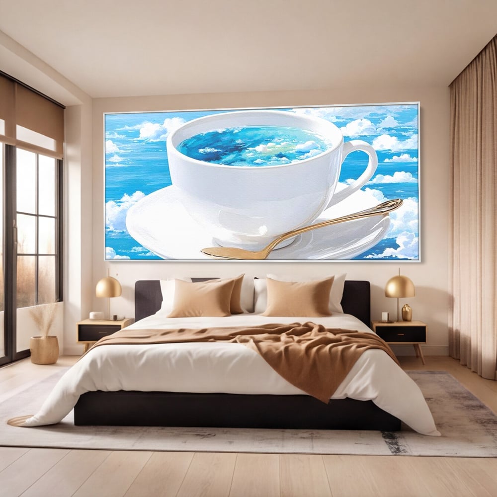 Tablou Canvas Premium, LuxCanva® N1067, Cafea printre Nori, Ceasca, Espresso, Nori, Cer Senin, Dimineata, Relaxare, Paradis, Cafenea, Pub, Lounge, Bar, Restaurant, Bucatarie