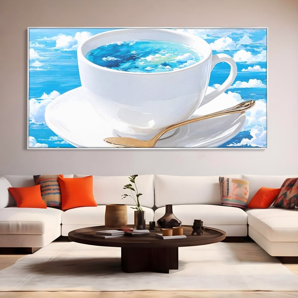 Tablou Canvas Premium, LuxCanva® N1067, Cafea printre Nori, Ceasca, Espresso, Nori, Cer Senin, Dimineata, Relaxare, Paradis, Cafenea, Pub, Lounge, Bar, Restaurant, Bucatarie