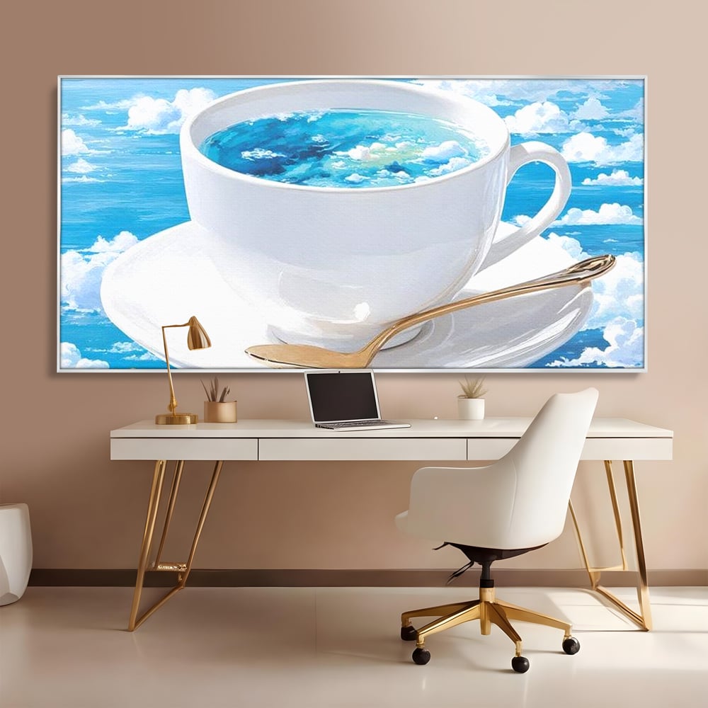 Tablou Canvas Premium, LuxCanva® N1067, Cafea printre Nori, Ceasca, Espresso, Nori, Cer Senin, Dimineata, Relaxare, Paradis, Cafenea, Pub, Lounge, Bar, Restaurant, Bucatarie