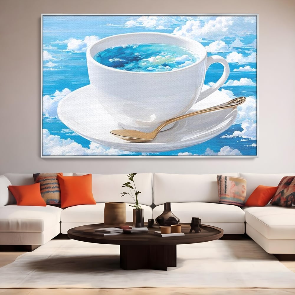 Tablou Canvas Premium, LuxCanva® N1067, Cafea printre Nori, Ceasca, Espresso, Nori, Cer Senin, Dimineata, Relaxare, Paradis, Cafenea, Pub, Lounge, Bar, Restaurant, Bucatarie