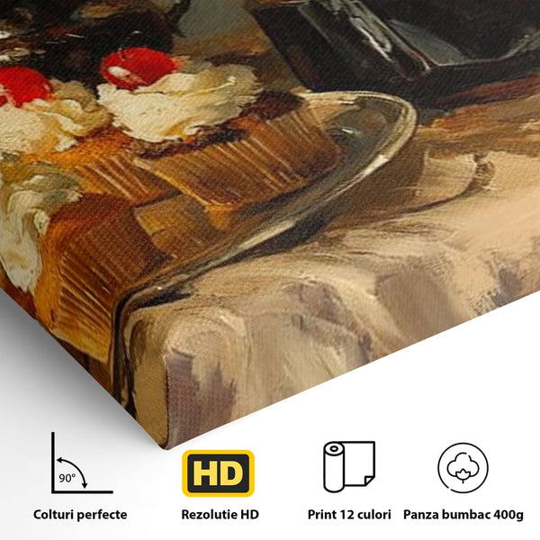 Tablou Canvas Premium, LuxCanva® N1068, Pauza Dulce, Briose, Frisca, Cirese, Desert, Cafea, Espresso, Rustic, Vintage, Cafenea, Pub, Lounge, Bar, Restaurant, Bucatarie
