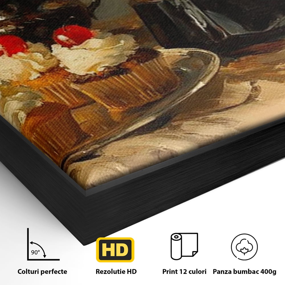Tablou Canvas Premium, LuxCanva® N1068, Pauza Dulce, Briose, Frisca, Cirese, Desert, Cafea, Espresso, Rustic, Vintage, Cafenea, Pub, Lounge, Bar, Restaurant, Bucatarie