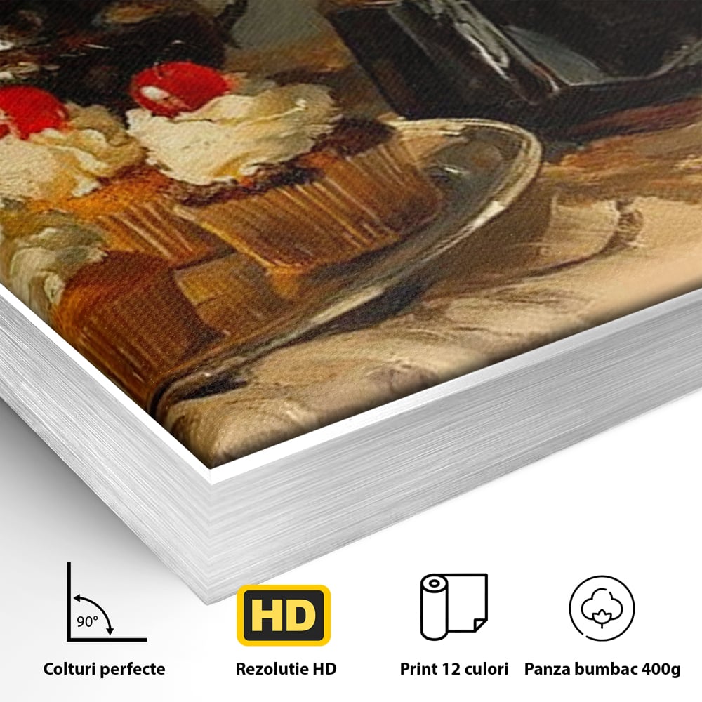 Tablou Canvas Premium, LuxCanva® N1068, Pauza Dulce, Briose, Frisca, Cirese, Desert, Cafea, Espresso, Rustic, Vintage, Cafenea, Pub, Lounge, Bar, Restaurant, Bucatarie