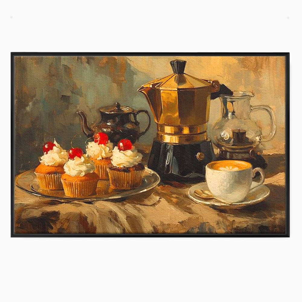 Tablou Canvas Premium, LuxCanva® N1068, Pauza Dulce, Briose, Frisca, Cirese, Desert, Cafea, Espresso, Rustic, Vintage, Cafenea, Pub, Lounge, Bar, Restaurant, Bucatarie